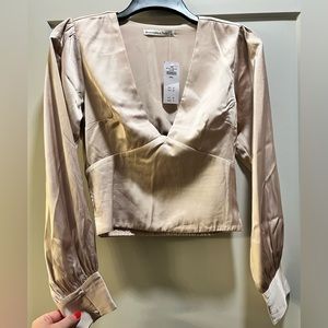 Abercrombie & Fitch Cream Satin V-Neck Long-Sleeve Blouse